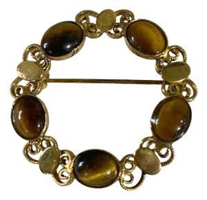 Tigers Eye Style Garland Wreath Gilt Pin Brooch 1.25" D