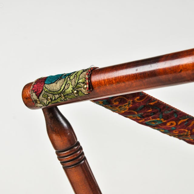 Antique Luggage Rack With Vintage Swan Embroidered Ribbon | Antique Butler's Table | Folding Suitcase Stand For Sale - Image 12 of 13