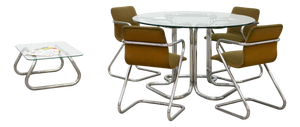 Vintage Round Glass Table with Chairs and Coffee Table, 1970s, Set of 6