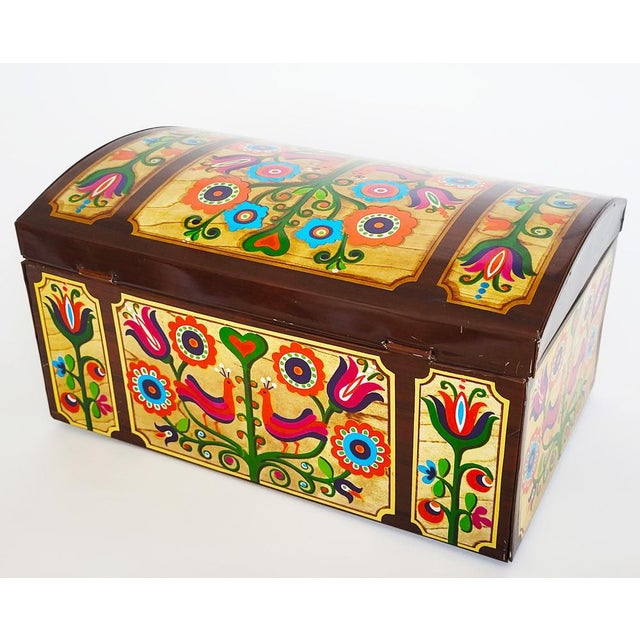 Lovely, extra-large, rare chest-shaped mid-century tin box with a colourful folkloristic 1950s design. Inside condition...