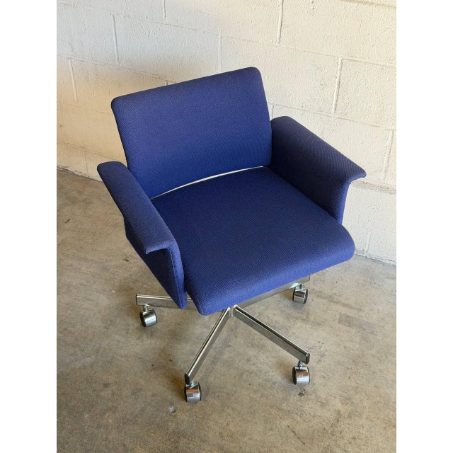 Blue Upholstered Swivel Office Chair With Metal Base Mid-Century Modern 1970s For Sale - Image 4 of 11