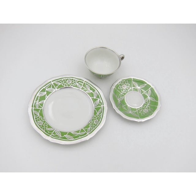 Art Deco Manfred Veyhl Silver Overlay Green Porcelain Cup and Saucer Trio For Sale - Image 3 of 10