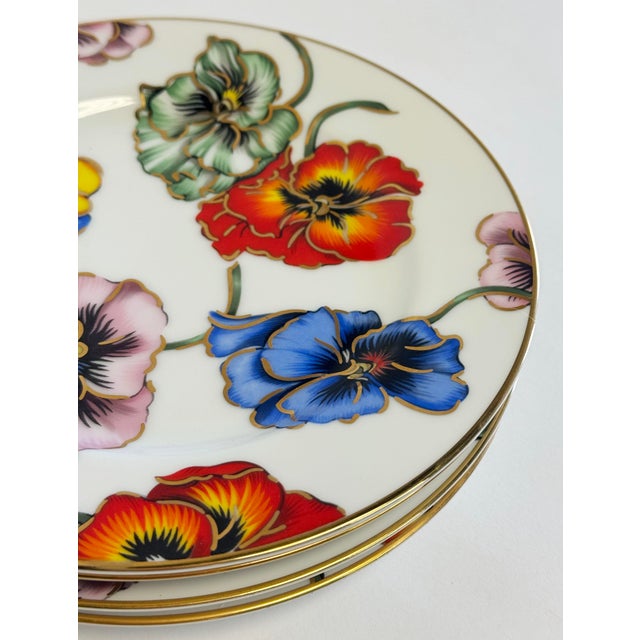 Vintage Fitz and Floyd "Pansies" 22k Gold Trimmed Porcelain Dessert Plates, Set of 4 For Sale In Kansas City - Image 6 of 8
