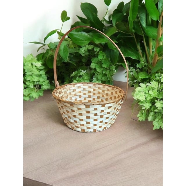 Brown Basket Natural Split Reed Woven Two Tone For Sale - Image 8 of 8