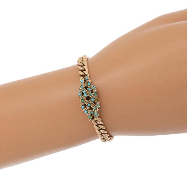 Late 20th Century Victorian Turquoise Seed Pearls 15k Rose Gold Knot Charm Bracelet For Sale - Image 5 of 5