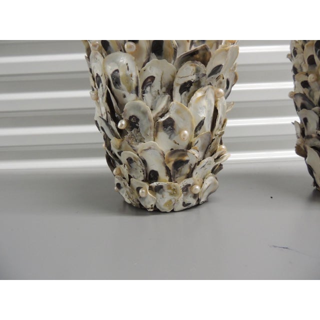 Vintage Wabi Sabi Tall Round Encrusted Oyster Shells Vases With Faux Pearls - Set of 2 For Sale In Tampa - Image 6 of 11