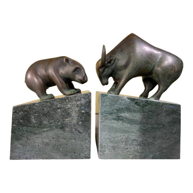 Pair of Bear and Bull Bronze Bookends on Green Marble Blocks For Sale