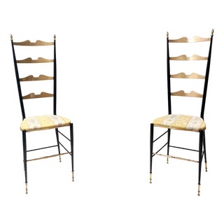 Vintage Brass and Metal Chiavarine Chairs with Yellow Upholstery, Italy, 1950s, Set of 2 For Sale