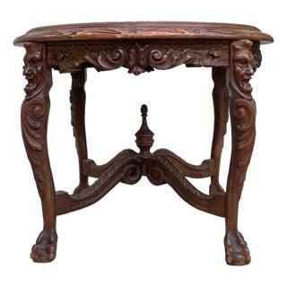 1950s Victorian Style Figural Carved Black Marble Top End Table For Sale