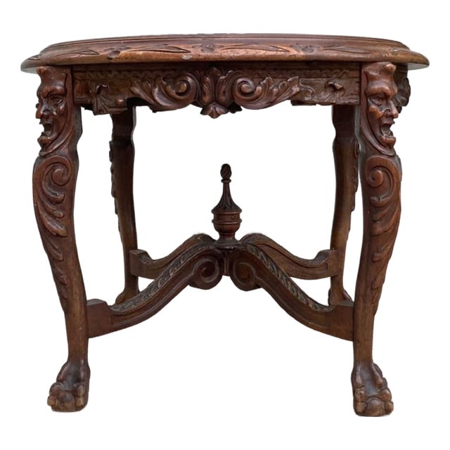 1950s Victorian Style Figural Carved Black Marble Top End Table For Sale