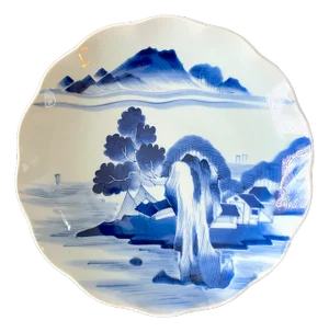 Mid 20th Century Japanese Arita Blue & White Landscape Plate, 12” Diameter — Ming Dynasty Style