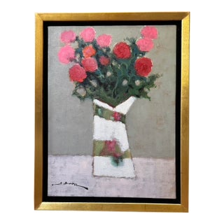 Red Bouquet in a White Vase", by S. Burr, Oil on Canvas For Sale