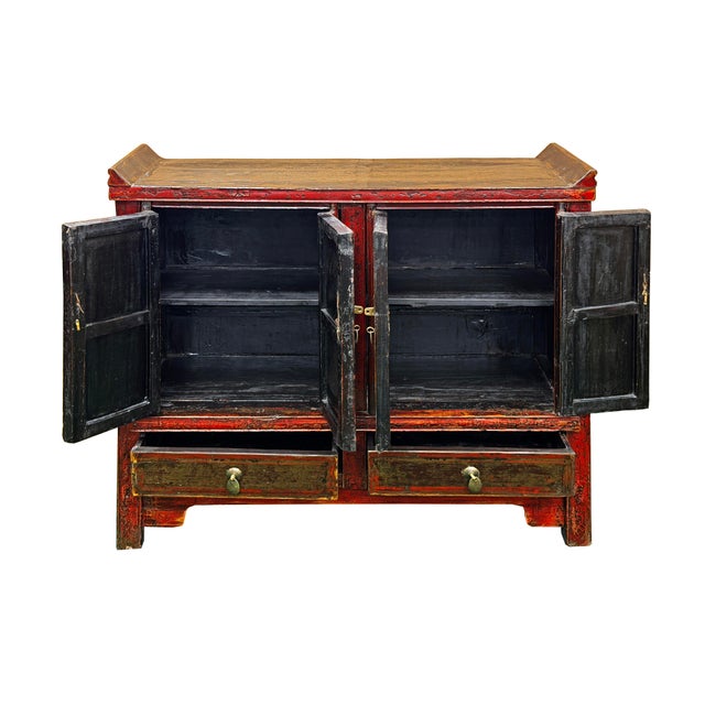 Brick Red Vintage Distressed Brick Red Marks Point Edge Credenza Sideboard Cabinet For Sale - Image 8 of 18