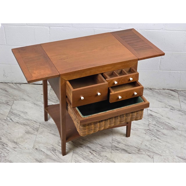 Solid Teak Danish Made Drop Leaf Sewing Cabinet In The Manner Of Hans Wegner. Original White Porcelain Knobs & Plenty Of...