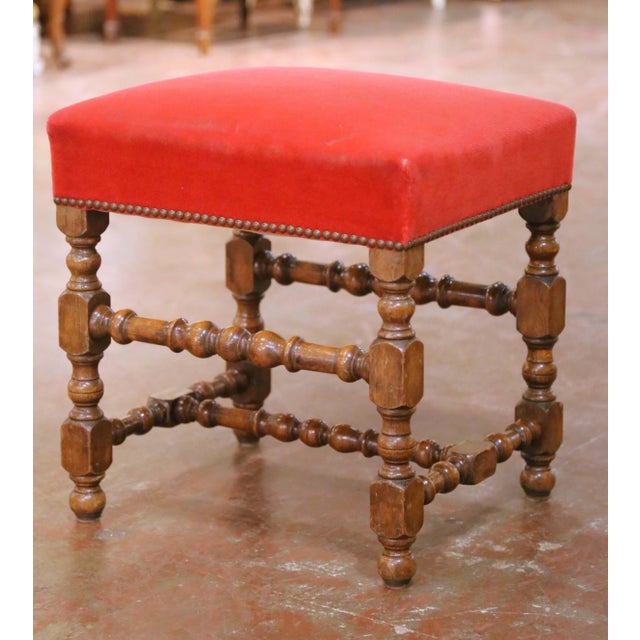 Pair of 19th Century French Louis XIII Style Walnut Upholstered Stools For Sale In Dallas - Image 6 of 13