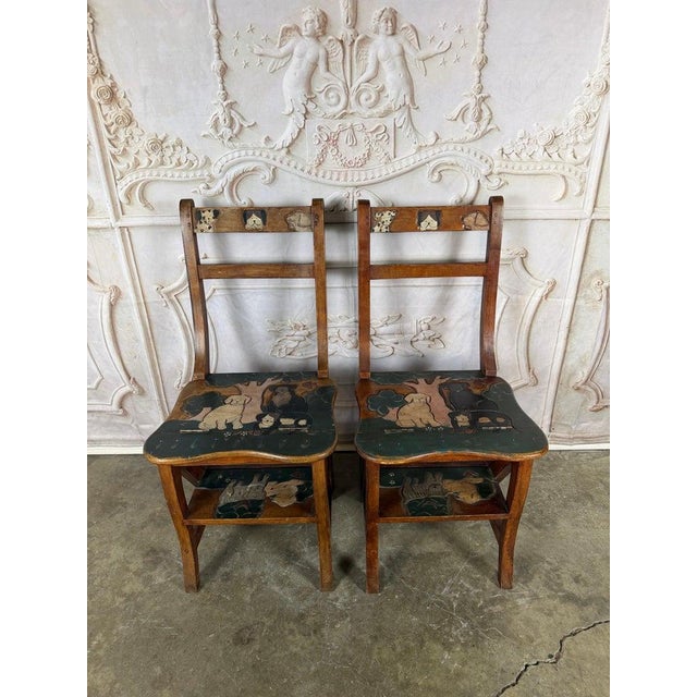 Folk Art Pair of Hand-Painted Convertible Library Step Ladder Chairs With Dog Motif For Sale - Image 3 of 15
