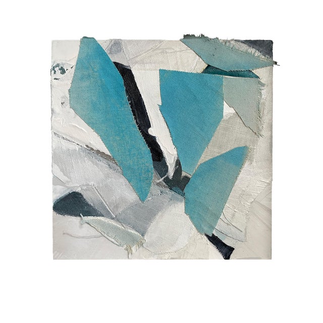 Miniature White and Turquoise Abstract Collage Painting in Shadow Box Frame – Modern Bookshelf Art Decor For Sale - Image 11 of 11