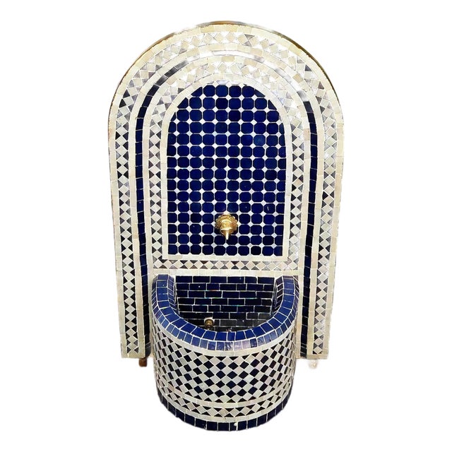 Blue and White Arched Moroccan Mosaic Tile Fountain For Sale