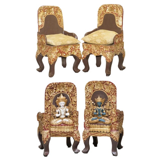 Set of Tibetan Ceremonial Chairs with Buddhist Nyingma Carved in Backs, 1900s For Sale