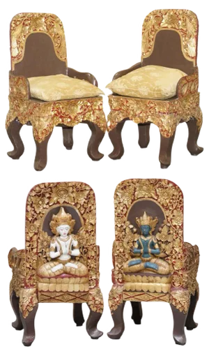 Set of Tibetan Ceremonial Chairs with Buddhist Nyingma Carved in Backs, 1900s