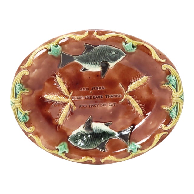 Antique Victorian Majolica Bread Serving Tray With Unusual Fish & Wheat Motif & Religious Motto For Sale