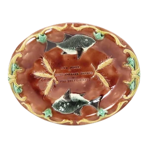 Antique Victorian Majolica Bread Serving Tray With Unusual Fish & Wheat Motif & Religious Motto