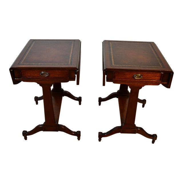 1930s Weiman Regency Mahogany & Leather Top Drop-Leaf Pembroke Side / End Tables For Sale