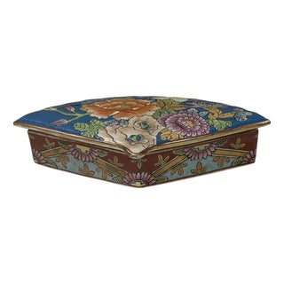 Vintage Blue Big Flowers Graphic Fan Shape Porcelain Trinket Box For Sale