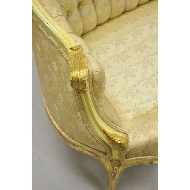 Vintage French Louis XV Rococo Style Yellow & Green Settee Loveseat Sofa For Sale - Image 9 of 12