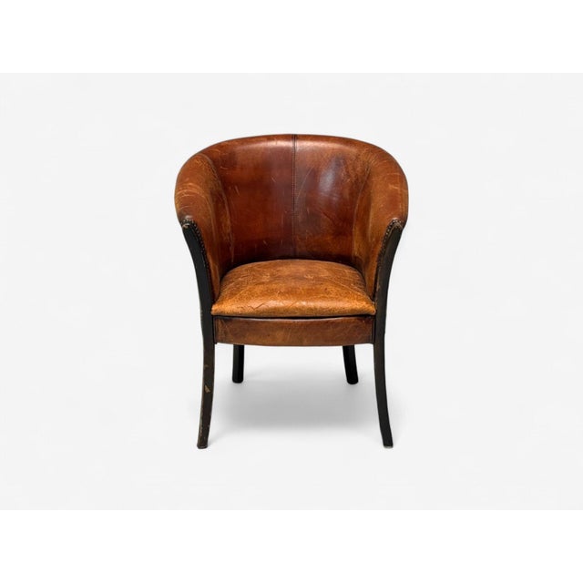 Traditional Georgian Style, Distressed Brown Leather, Stained Wood, Tub Chair, Usa, 1960s For Sale - Image 3 of 9
