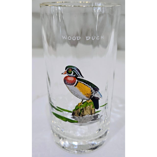 Glass Vintage Ned Smith Waterfowl Series Highball Glasses Set of 6 - 22k Gold Rim Crinkle Textured For Sale - Image 7 of 13