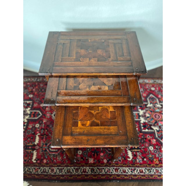 Jonathan Charles Attributed to Jonathan Charles Nest of Three Walnut Inlaid Parquet Oyster Tables, Huntingdon Collection For Sale - Image 4 of 12