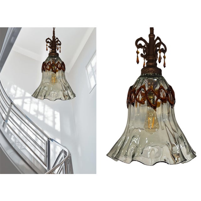 Art Glass Fazzolletto Transparent Amber Lattice Pendant Light For Sale - Image 9 of 17