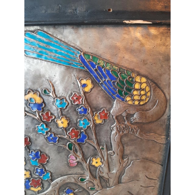 Vintage Pair of Asian Enamel on Metal Birl Floral Wall Art For Sale - Image 10 of 13