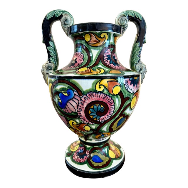 Large Vintage Spanish Talavera Polychrome Ceramic Face Handled Urn For Sale