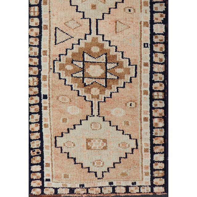 Vintage Turkish Oushak Runner With Medallion Design Outlined in Navy Blue For Sale - Image 4 of 11