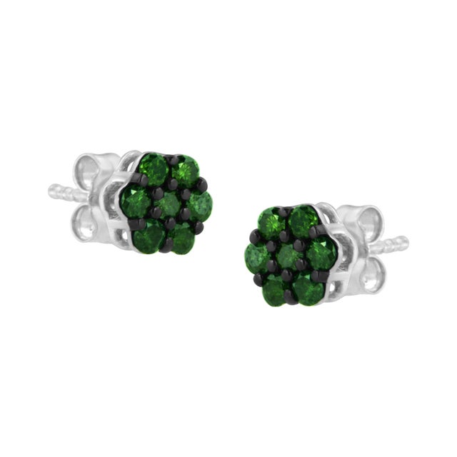 Contemporary .925 Sterling Silver 2.0 Cttw Prong Set Round-Cut Treated Green Diamond Floral Cluster Stud Earring (Fancy Green Color, I1-I2 Clarity) For Sale - Image 3 of 6