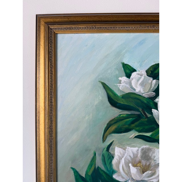1970s Vintage Floral Still Life - White Blossoms Oil on Canvas Painting – Framed For Sale - Image 4 of 12