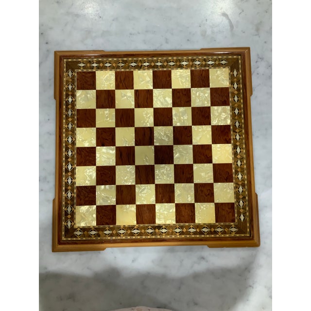 Mid 20th Century Mother‑of‑Pearl & Hardwood Inlay Chess Board 19” – Handcrafted Marquetry Game Board - Pieces Not Included. See Pics! For Sale - Image 5 of 7