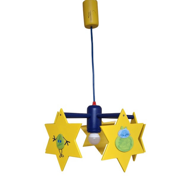 German Childrens Room Ceiling Lamp with Colored Painted Pine Wood Frame by Waldi For Sale