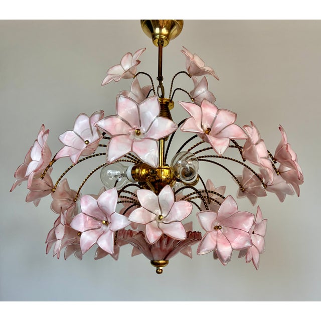 Art Deco 1980s Pink Murano Style Hand Painted Floral Glass Chandelier For Sale - Image 3 of 16