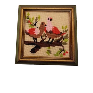 Vintage Love Birds Textile Framed Needlepoint For Sale
