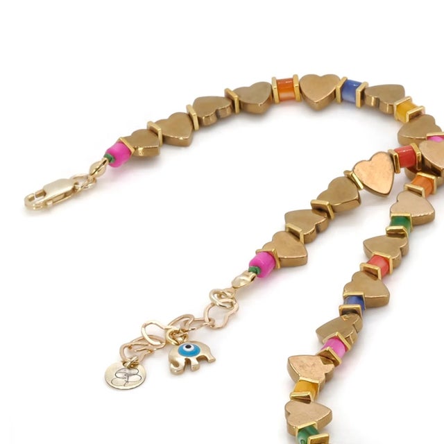 Early 21st Century Pink Heart Pendant Gold Heart Beaded Colorful Necklace For Sale - Image 5 of 10