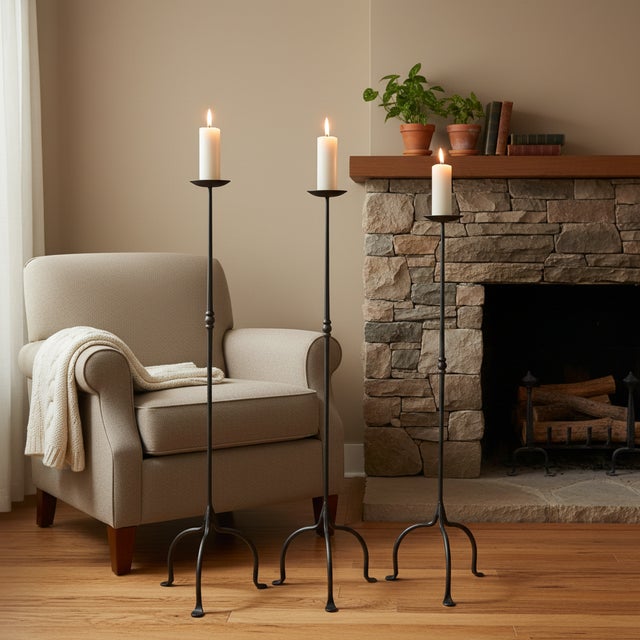 Rustic Hand Forged Iron Candelabra Set of 3 (95-115cm) Antique Copper Finish Straight Stem with Compact Arched Base For Sale - Image 3 of 6