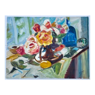 1980s “Still Life With Garden Roses” Acrylic on Canvas by Dr. Bella Singer For Sale