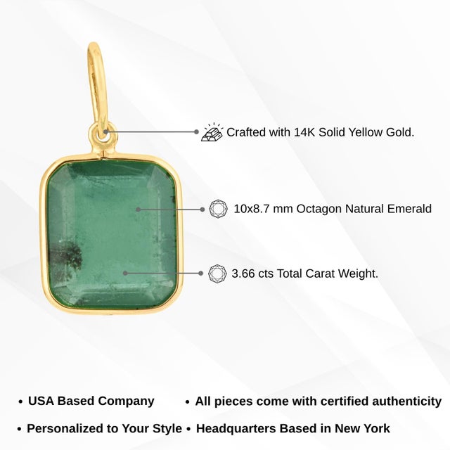 Modernist 3.66ct Octagon Emerald Bezel Pendant in 14k Yellow Gold For Sale - Image 11 of 14