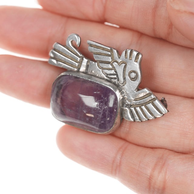 Metal William Spratling sterling Amethyst pre-columbian style pin For Sale - Image 7 of 7