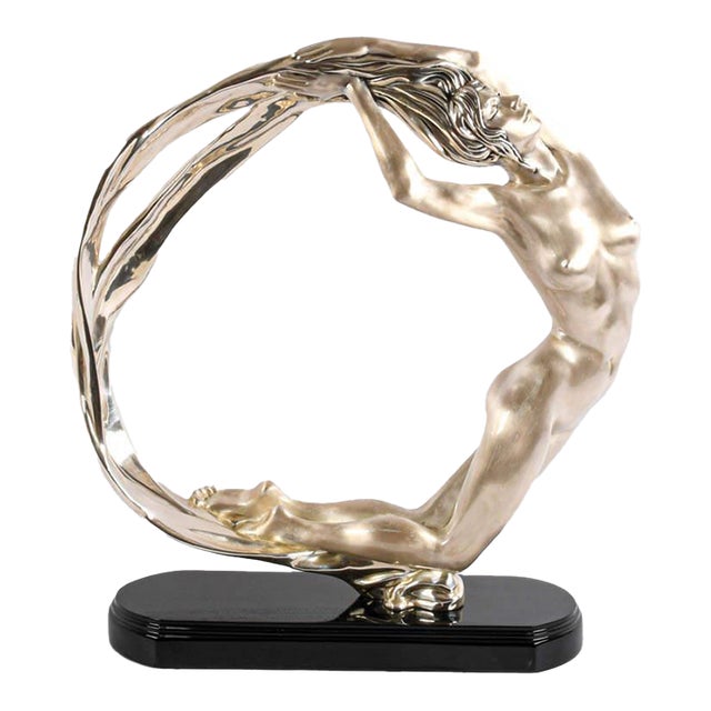 Enrique Jolly “Full Moon” Silver Figurative Sculpture on Black Base For Sale