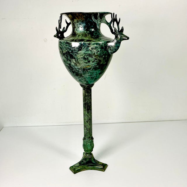 Metal 1970s Vintage Neoclassical English Stag Head Faux Verdigris Green Tole Pedestal Urn Vase. For Sale - Image 7 of 15