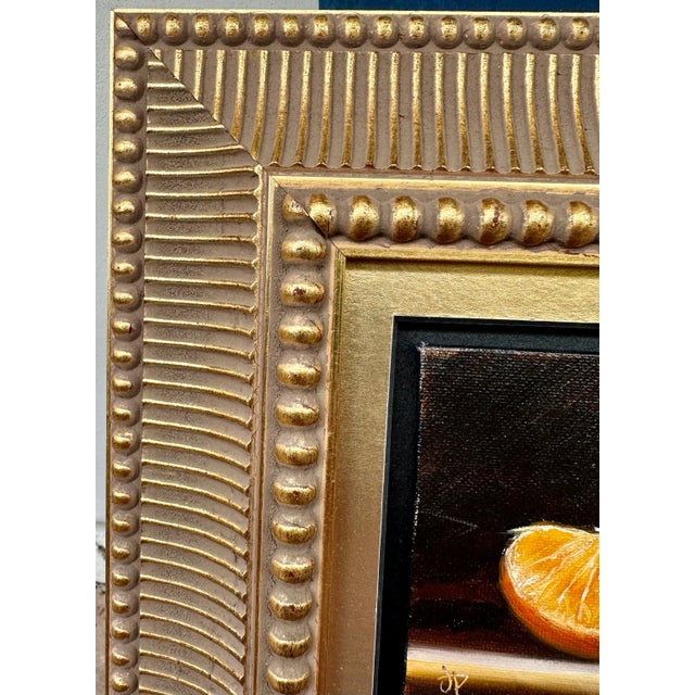 2000 - 2009 21st Century Orange Slice Oil on Board Gilt Wood Framed Painting Yellow Black Gold Handmade Signed Still Life Fruit For Sale - Image 5 of 13